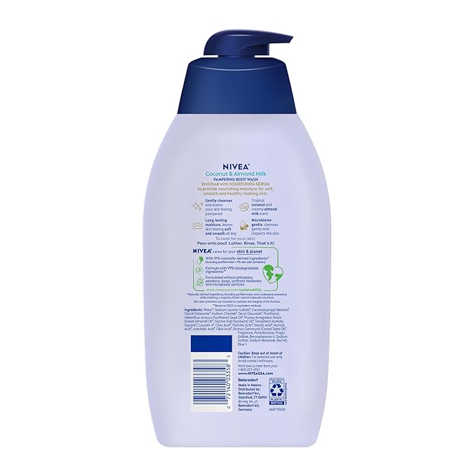 NIVEA Pampering Coconut and Almond Milk Body Wash with Nourishing Serum,Moisturizing Body Wash for Women,Enriched with Provitamin B5 and Vitamin E,30 Fl Oz Bottle,(Pack of 2)