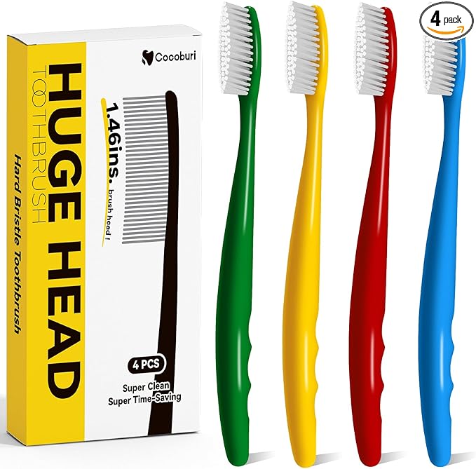 Huge Head Toothbrush Hard Toothbrushes for Adults Hard&Firm Toothbrush Bristles BPA Free Oral Care 4 Packs