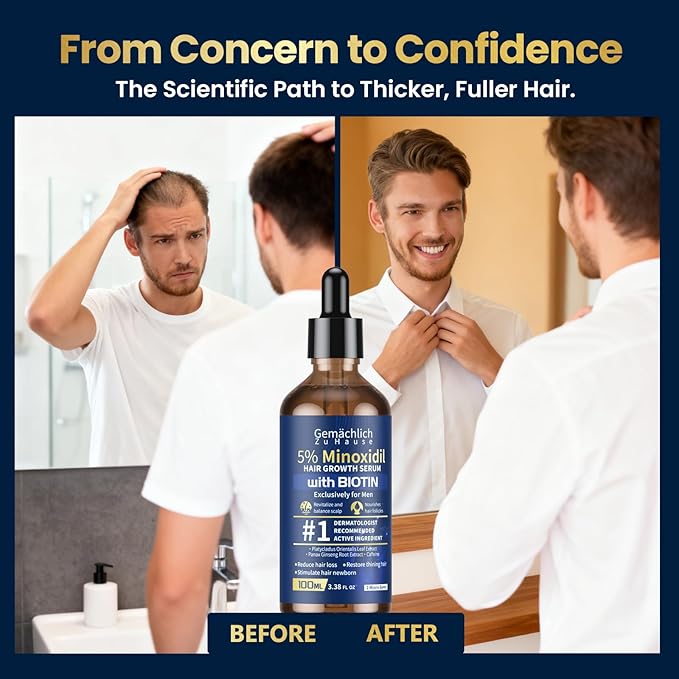 5% Minoxidil for Men Hair Growth with Biotin, 100ML Topical Minoxidil Solution Serum with Rosemary & Caffeine for Hair Regrowth Treatments, Non-Greasy, Helps Prevent Hair Thinning & Hair Loss