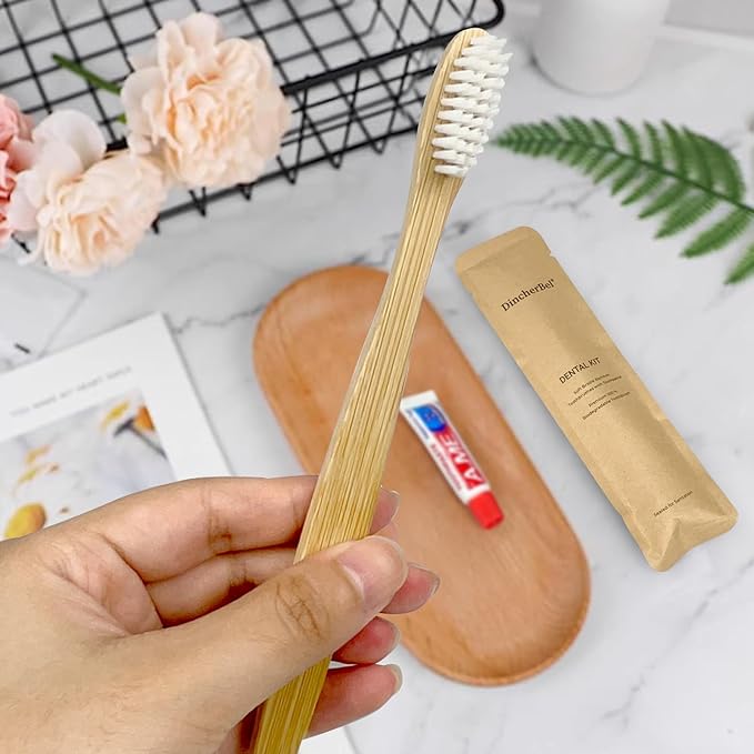 DincherBel Bamboo Toothbrushes Kit Bulk, Disposable Toothbrushes with Toothpaste(6g), Individually Wrapped Toiletries Amenities for Hotel, Airbnb, Homeless, Shelter, Camping and Travel (50 Pack)