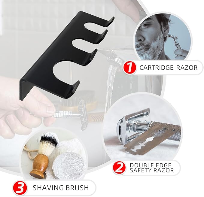 Acrylic Shower Wall Razor Holder Organizer for Men's Double Edge Safety Razor & Shaving Brush (Black)