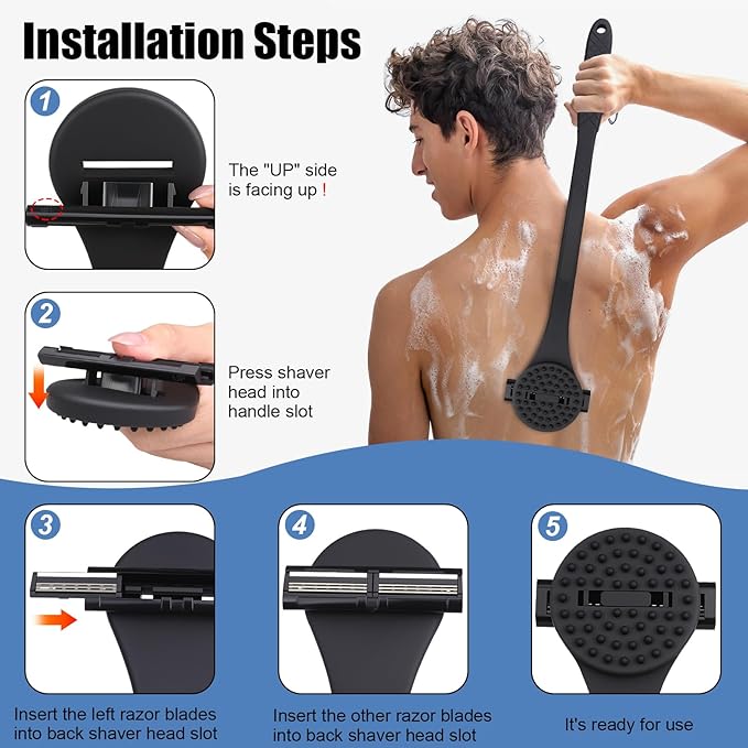 2 in 1 Back Shaver & Massage Cleaning Brush with Bendable Handle, Manual Stainless Steel Razor for Back & Body Hair Removal, Portable Wet Dry Body Groomer with 8 Pcs Replaceable Blades-Black
