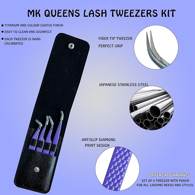 Lash Tweezers - Stainless Steel Fiber Tip Eyelash Tweezers (Set of 4) - Diamond Grip Professional Lash Tweezers for Eyelash Extensions (Purple)