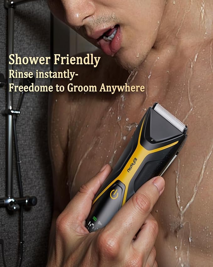 Electric Body Hair Trimmer for Men Type-C Rechargeable, Ball Pubic Trimmer Shaver Men with LED Light, Groin Body Groomer for Man, USB Recharge Dock& 1H Fast Charge, LED Display, Black+Yellow