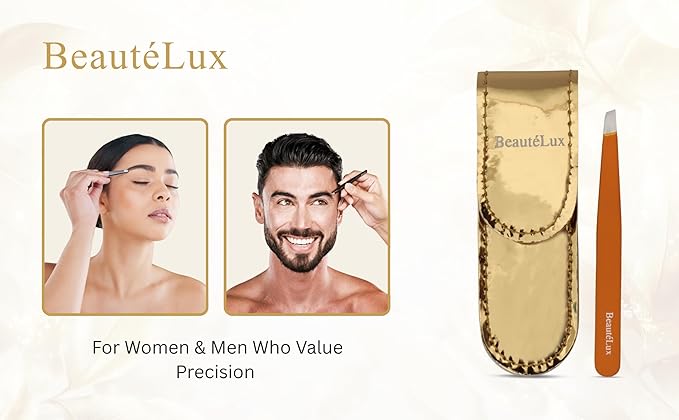 Slant Tip Eyebrow Tweezer for women & men – Stainless Steel Tweezers, Stocking Stuffer for women & men Facial Hair Removal tweezers for Chin hair, Ingrown Hair tweezer, Gold Travel tweezers with case