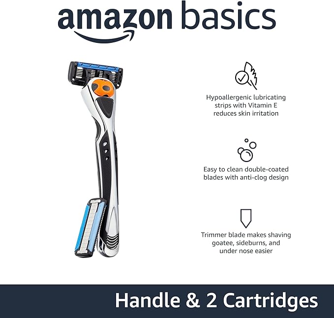 Amazon Basics 5-Blade MotionSphere Razor for Men with Dual Lubrication and Precision Beard Trimmer, Handle & 2 Cartridges (Cartridges fit Amazon Basics Razor Handles only) (Previously Solimo)