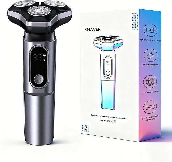 Electric Razor for Men.Wet/Dry Rotary Shaver Waterproof - USB Fast Charging & Sensitive Skin Care. 3-Blade Rotary Shaving System.LED Display, Travel LockGray