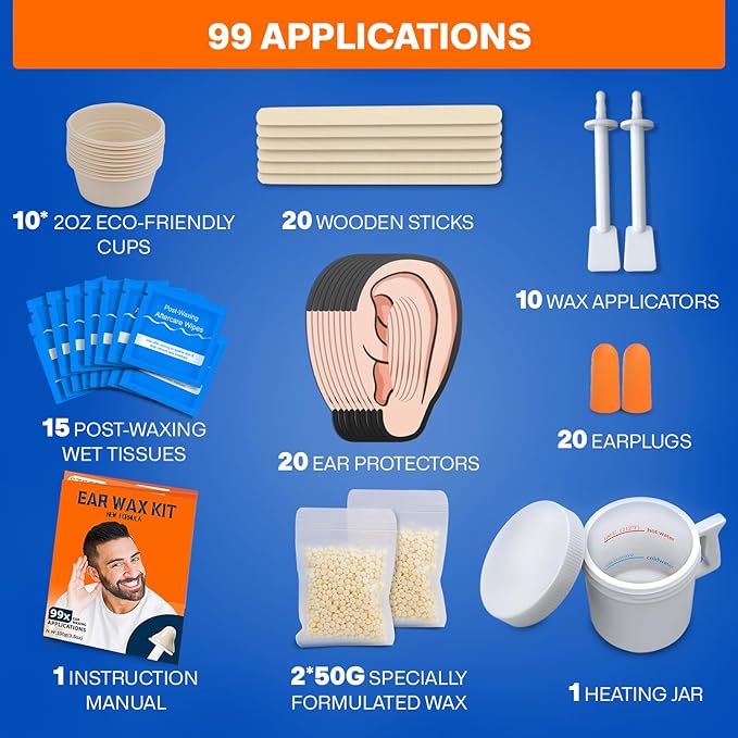 2-in-1 Ear & Nose Waxing Kit for Men & Women | 100g Hair Removal Wax + 99pc | 20 Applicators, 10 Nasal Sticks, 15 Wipes & 20 Earplugs | No Microwave Needed | Nose Wax Kit, Ear Hair Remover