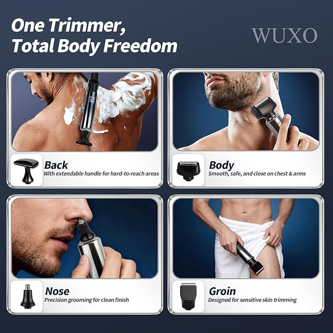 Electric Groin Hair Trimmer, LED Display Back Shaver for Men, Safety Lock, IPX7 Waterproof Wet/Dry Clippers, Rechargeable with Long Handle, Multi-Functional Back Trimmer for Men,(Soft Silver)
