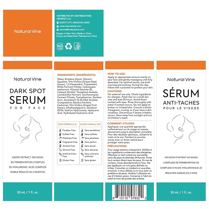Natural Vine Dark Spot Serum: Dark Spot Remover for Face - Dark Spot Corrector with Grape Extract Fermentation Complex Hyaluronic Acid Vitamin E for Brighter Even Skin Tone 1 FL OZ