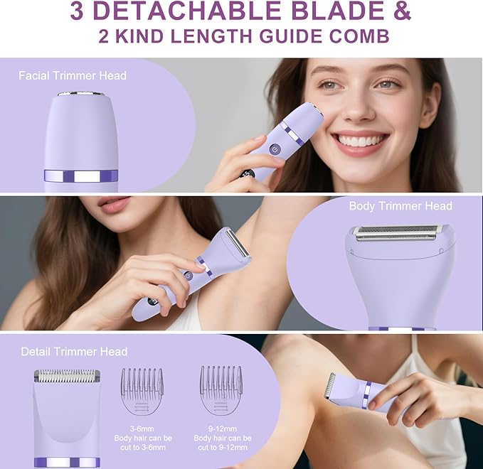 3-in-1 Electric Razor IPX7 Waterproof Bikini Trimmer Wet & Dry Use Painless Personal Trimmer Groomer for Ladies Face Body Legs Bikini Public Hairs Electric Lady Shaver with Replaceable Heads