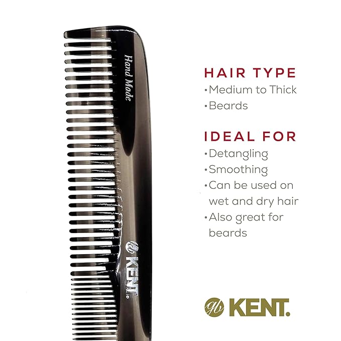 Kent 9T Black Graphite Fine Tooth and Wide Tooth Detangler Hair Combs - Large Handmade and Saw-Cut Dressing Comb - Wet Hair Comb for Women and Durable Grooming Comb for Men Made in England