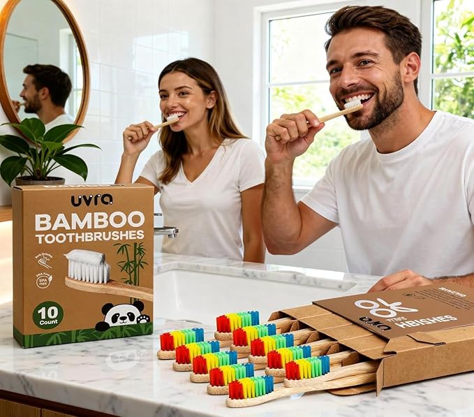 Bamboo Toothbrushes for Adults - 10 Pack Biodegradable Manual Toothbrushes Teeth Colorful Bristle Natural Bamboo Tooth Brush Dental Eco Wood Toothbrush (Rainbow)