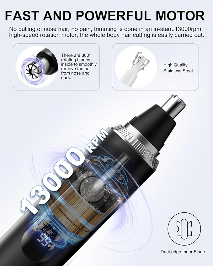 Nose Hair Trimmer for Men and Women,2025 Professional Painless IPX7 Waterproof Eyebrow & Facial Hair Trimmer,USB Rechargeable with LED Display Dual-Edge Blades for Smoother Cutting,Silver