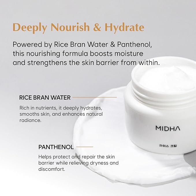 MIDHA Rice Cream 1.69fl.oz/50ml, Deep Hydration, Glow-Enhancing, Skin Barrier Support – Moisturising, Lightweight Daily Cream with Dewy, Radiant Finish, for Rice Face Spots