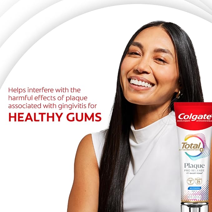 Colgate Total Plaque Pro Release Whitening Toothpaste Pack, Whitening Fluoride Toothpaste, Fights Plaque, Bad Breath, Tartar Buildup, and Helps Protect Teeth from Sensitivity, 2 Pack, 3.0 oz