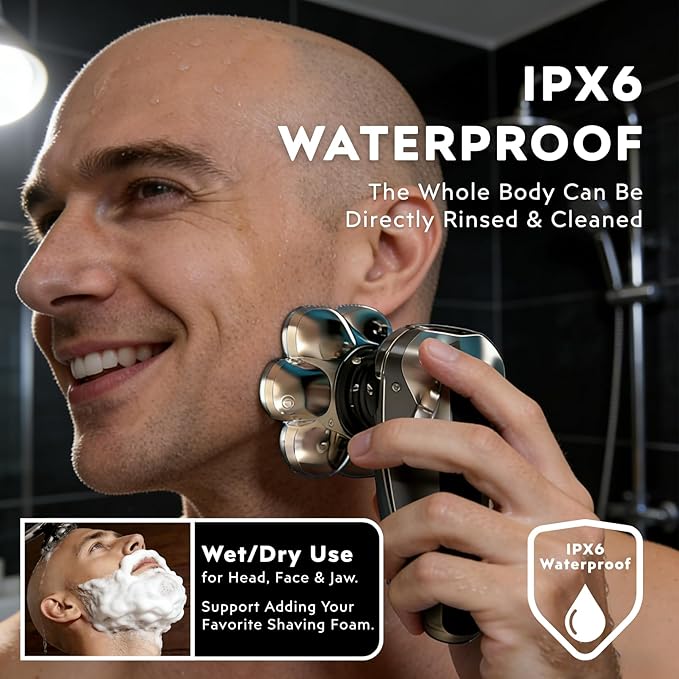 Head Shavers for Bald Men, 6-in-1 Detachable Electric Head Shaver Grooming Kit, 7D Floating Wet & Dry Rotary Shavers, Waterproof, LED Display, Cordless, USB Fast Charging for Hair/Face/Beard