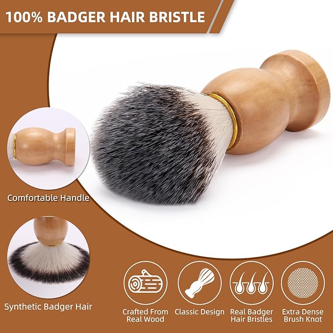 Badger Hair Shaving Brush with Wood Handle,Double Edge Safety Razor,Stainless Steel Shaving Stand and 3 Layers Shaving Bowl Perfect for Men Gift