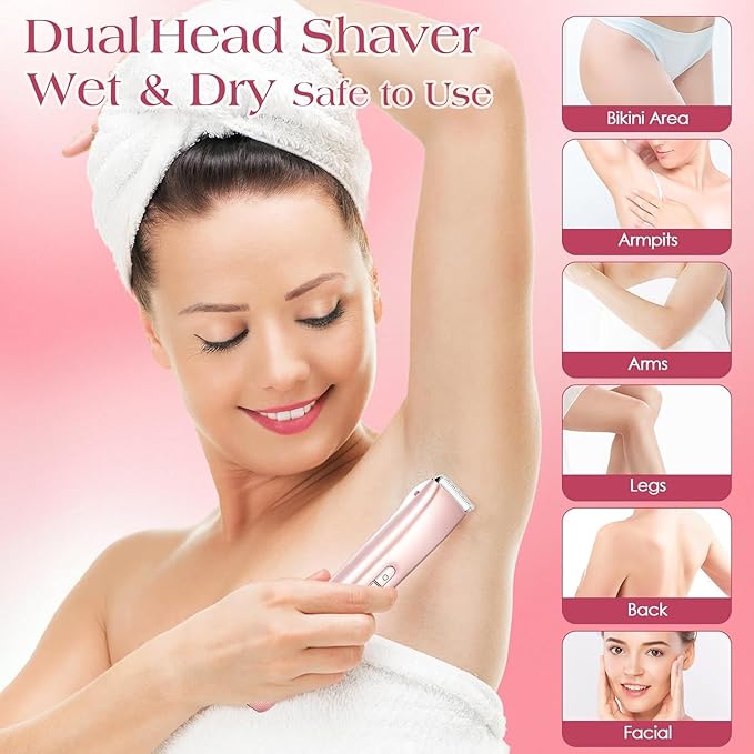 Kabowa 2 in 1 Bikini Trimmer for Women Dual Head Electric Razors IPX7 Waterproof Wet & Dry Use, Electric Shaver for Women Private Area Facial Body Underarm Leg Arm Hair Remover for Pubic Hair