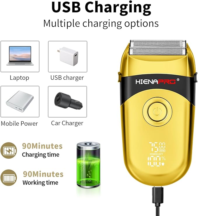 HIENA PRO Professional Beard Trimmer for Men, Reciprocating Electric foil Shaver & Bald Head Precision Trimmer, Men's Facial Grooming Tool with LED, Perfect Gifts for Men(Gold)
