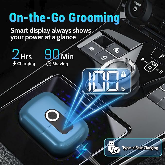 Electric Foil Shavers for Men: Mini Electric Razor, Foil Shaver for Face, IPX7 Waterproof Wet Dry Cordless Razor with 3 Floating Blades, LED Display for Travel & Home, USB Type C (Blue)