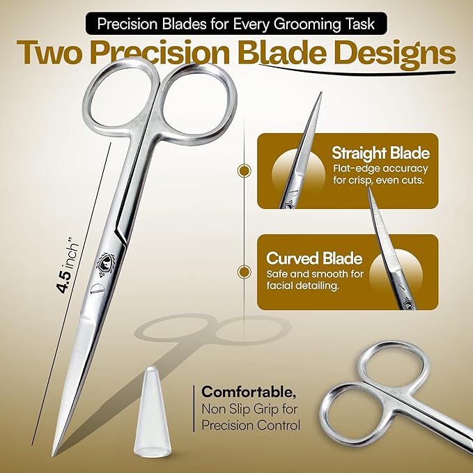 Stainless Steel Grooming Scissors Set - Facial Hair Small Nail Cuticle Scissors Manicure Pedicure Tools Trimming Kit - Straight and Curved Blade for Beard Mustache Nose Ear Hair Eyebrow Eyelashes
