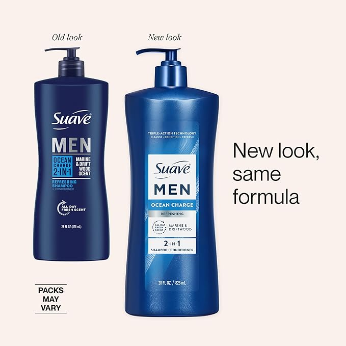Suave Men Ocean Charge 2 in 1 Refreshing Shampoo & Conditioner with Pro Vitamin B5, Hydrates & Revitalizes Hair, Ocean Fresh Scent, 4 Count, 28 FL OZ Pump