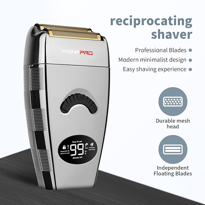HIENA PRO Reciprocating Foil Shaver for Men, Professional Bald Precision Trimmer and Beard Trimmer, Electric Foil Shaver with USB Charging, Grooming Tools, Gifts for Men(Silver)