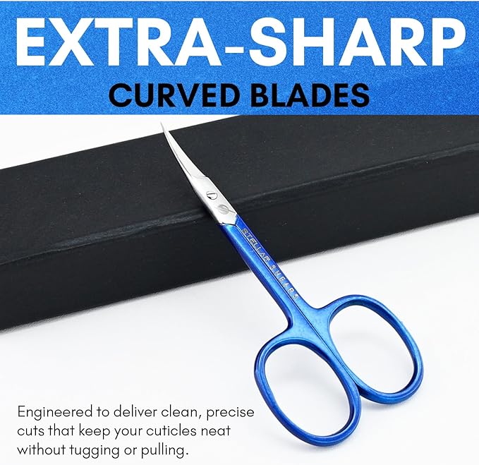 Cuticle Scissor Extra Fine Curved Blade – Precision Stainless Steel Manicure & Pedicure Scissors for Eyebrow, Eyelash, Beard & Dry Skin – Professional Small Nail Scissors (Blue)