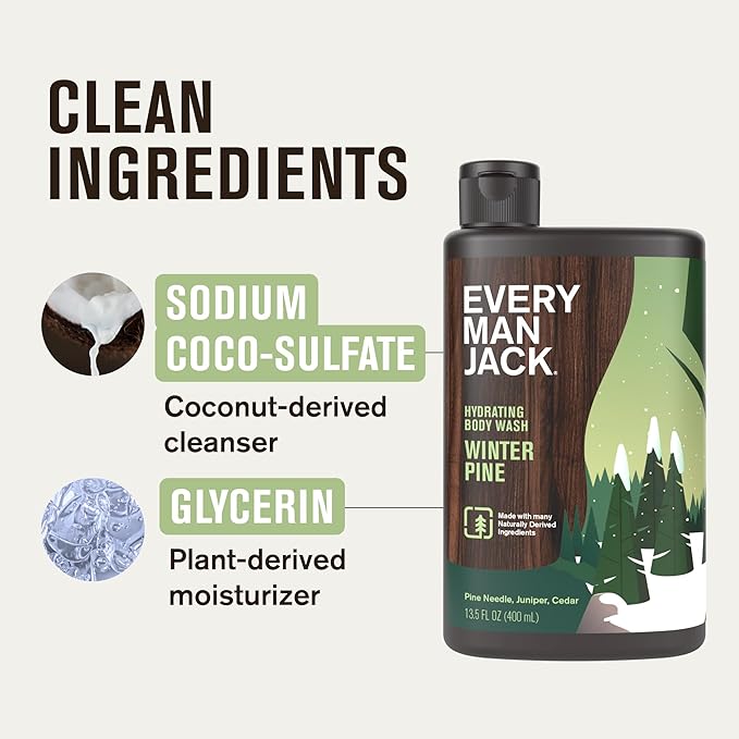 Every Man Jack Hydrating Body Wash - Winter Pine - Deeply Clean with Glycerin + Naturally Derived Ingredients - 13.5 oz (2 Pack)
