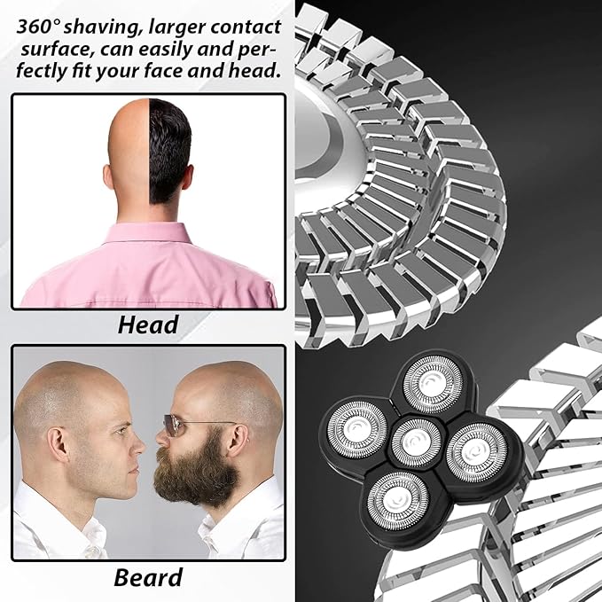 5 Replacement Heads for Universal Series Head Shaver, Waterproof Blade Electric Bald Men Freedom Grooming Waterproof Razor Refills Rotary Heads Design + 2 Cleaning Brushes for Father Husband Partner