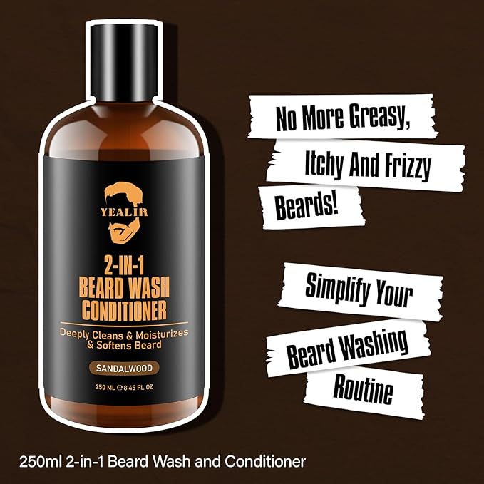YEALIR 2-in-1 Beard Wash and Conditioner – Cleanse, Hydrate & Soften Dry, Coarse Beard, Beard Shampoo for a Fuller & Healthier Beard –Sandalwood Scent, 8.45 oz
