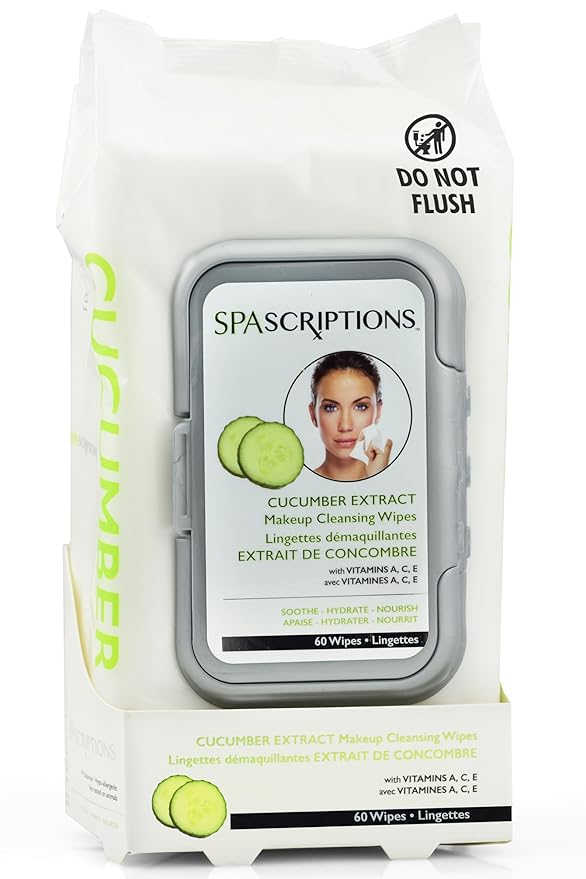 SpaScriptions Cucumber Cleansing Facial Wipes - Hydrating & Soothing Makeup Remover Wipes With Vitamin A, C & E For Moisturizing & Youtful Skin, Daily Use Face Wipes For All Skin Types, 1-Pack (60ct)
