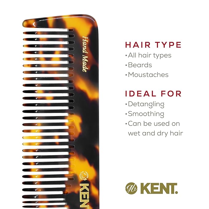 Kent 16T TY Fine and Wide Tooth for Daily Grooming,Handmade Styling Comb for All Hair Types,Wet or Dry Hair Detangling Comb for Men and Women,Saw Cut Hand Polished,Made in England