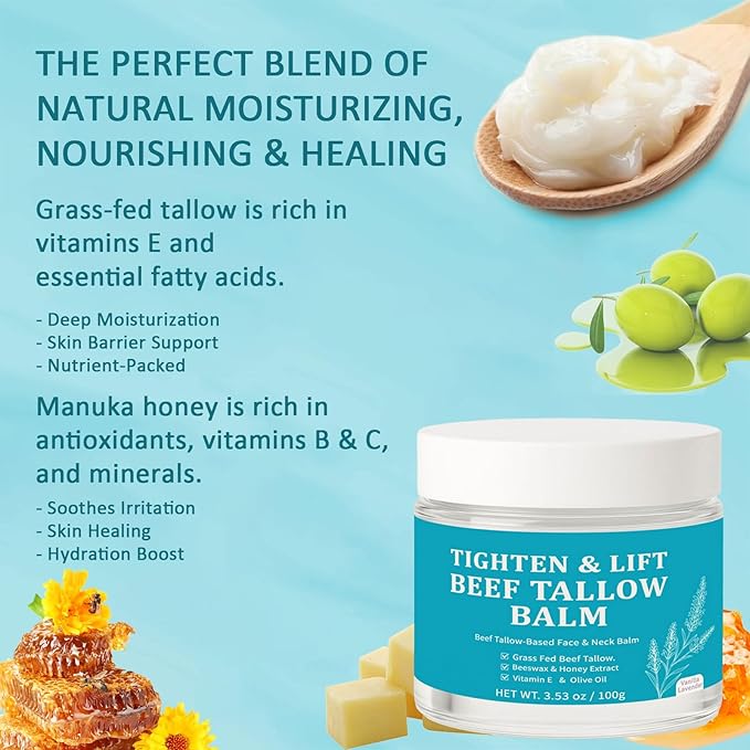 Beef Tallow for Skin - Firming Face Moisturizer for Women & Men, Anti-Aging SkinCare with Grass-Fed Tallow & Honey, Hydrating Balm to Tighten & Nourish Skin
