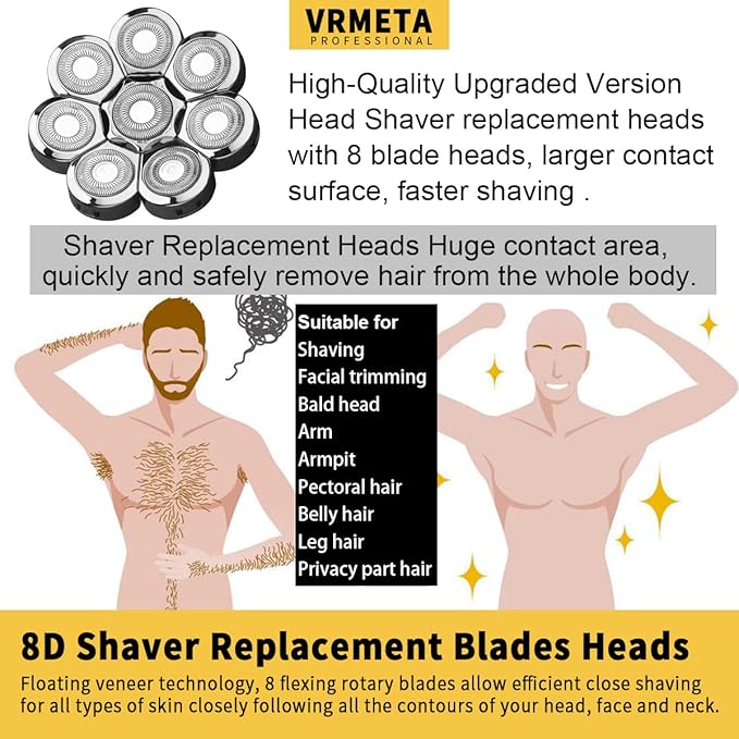 Head Shaver Replacement Head Floating Shaver Blades 8D Sharp Stainless Steel Men's Electric Shaver Replacement Heads fo blad Man (8 Heads (Silvery)