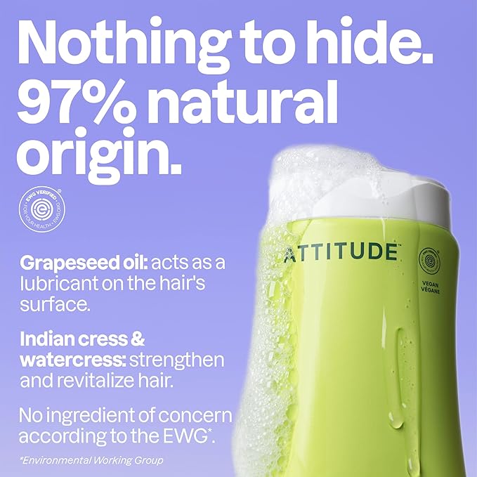 ATTITUDE Nourishing Hair Shampoo, EWG Verified, For Dry and Damaged Hair, Naturally Derived Ingredients, Vegan, Plant Based, Grapeseed Oil and Olive Leaves, 8 Fl Oz