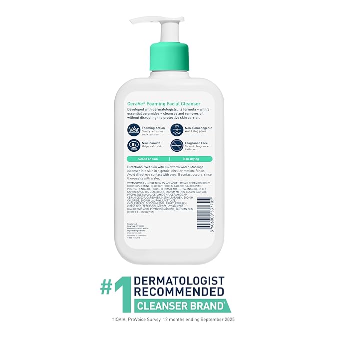 CeraVe Foaming Facial Cleanser, Daily Face Wash for Oily Skin, Hyaluronic Acid + Ceramides + Niacinamide, Fragrance Free & Paraben Free, Non-Drying Oil Control Face Wash, 16 Fluid Ounces