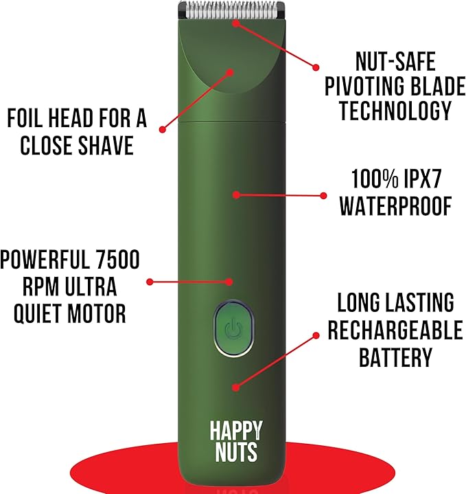 HAPPY NUTS Lumberjack 2.0 Men's Electric Body & Groin Hair Trimmer - Waterproof, Rechargeable Manscaping Kit with Foil Shaver - Ultra-Quiet Motor for Efficient Grooming (Green)