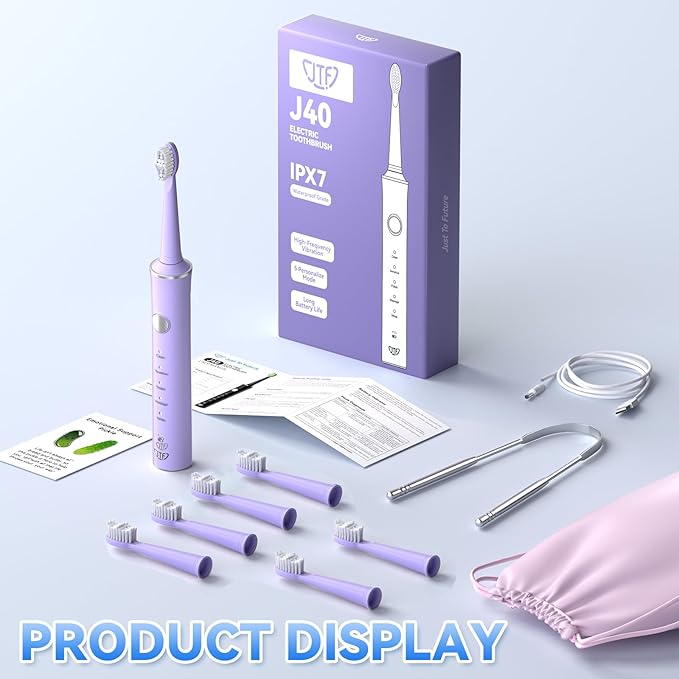 JTF Sonic Electric Toothbrush for Adults: 6 Brush Heads, Travel Bag, Tongue Scraper, 5 Brushing Modes for Teeth, Smart Timer and IPX7 Waterproof, Rechargeable Toothbrush for Deep Cleaning & Whitening