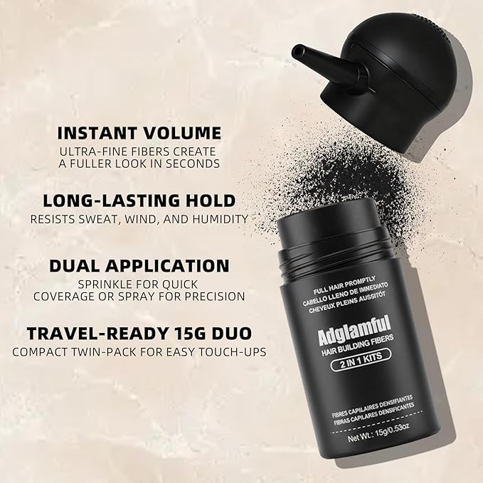 Hair Building Fibers Set, 15g x 2 Bottles with Press Applicator, Lightweight Fiber Powder for Thinning Areas, Natural Volume, Travel-Friendly Kit, Black