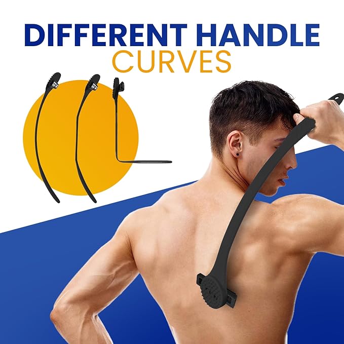 18" Back Shaver & Scrubber for Men – 2-in-1 Pain-Free Grooming Tool with Long Handle (46cm), Built-In Scrubber, Wet or Dry Use – Includes Compact Box (23x8x8cm) (BLACK)