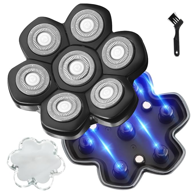 Universal Magnetic Detachable 7D Replacement Heads For Electric Head Razor Stainless Steel Shaver Blades for Bald Men's Smooth Shave (7D Black)