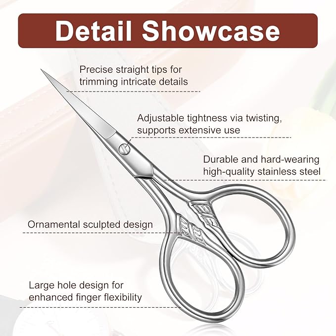 Small Facial Hair Scissors Precision Stainless Steel Nose Hair Scissors Straight Tip Beauty Grooming Kit for Eyebrow Eyelash Beard Nose Trimming Tool with PU Leather Case