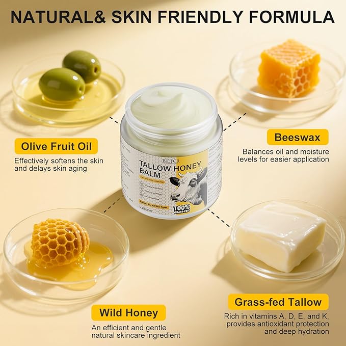 Beef Tallow for Skin,Body,Tallow Face Moisturizer for Eczema,Lip Balm,Whipped tallow honey balm,Organic Grass-Fed,All Natural Body Lotion for Women & Men,Tallow Cream Skincare,Unscented 4.2 OZ