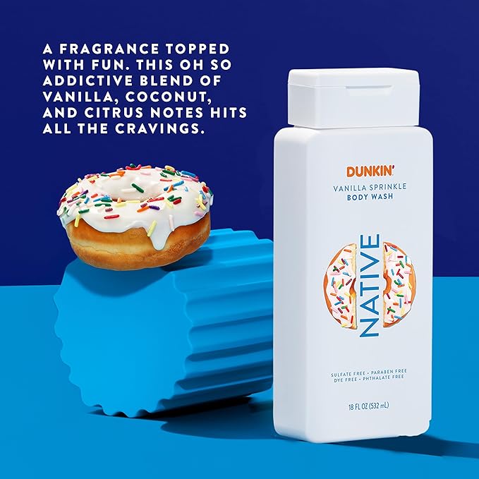 Native Body Wash, Dunkin Vanilla Sprinkle, Contains Naturally Derived Ingredients | For Women & Men, Sulfate, Paraben, & Dye Free Leaving Skin Soft and Hydrated | 18 oz