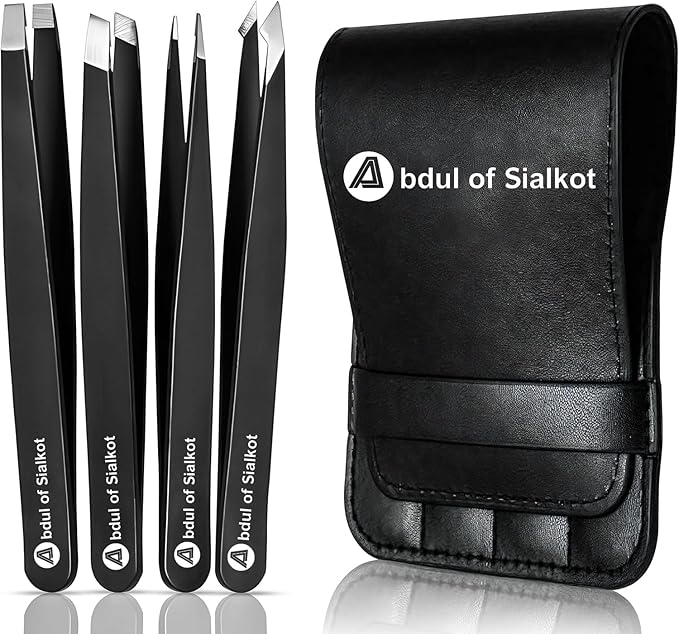 Eyebrow Tweezer Set for Women & Men - Professional Slant and Pointed Tweezers Set with Case - Precision Tweezers Kit for Facial Hair, Splinter and Ingrown Hair Removal (Black 4 piece)