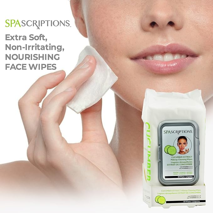 SpaScriptions Cucumber Cleansing Facial Wipes - Hydrating & Soothing Makeup Remover Wipes With Vitamin A, C & E For Moisturizing & Youtful Skin, Daily Use Face Wipes For All Skin Types, 1-Pack (60ct)
