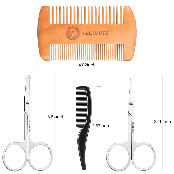 TecUnite 4 Pieces Mustache Scissors Grooming Kit for Men, Beard Trimmer Set, 2 Small Combs and 2 Scissors Beard Trimming Kit with Storage Bag Box
