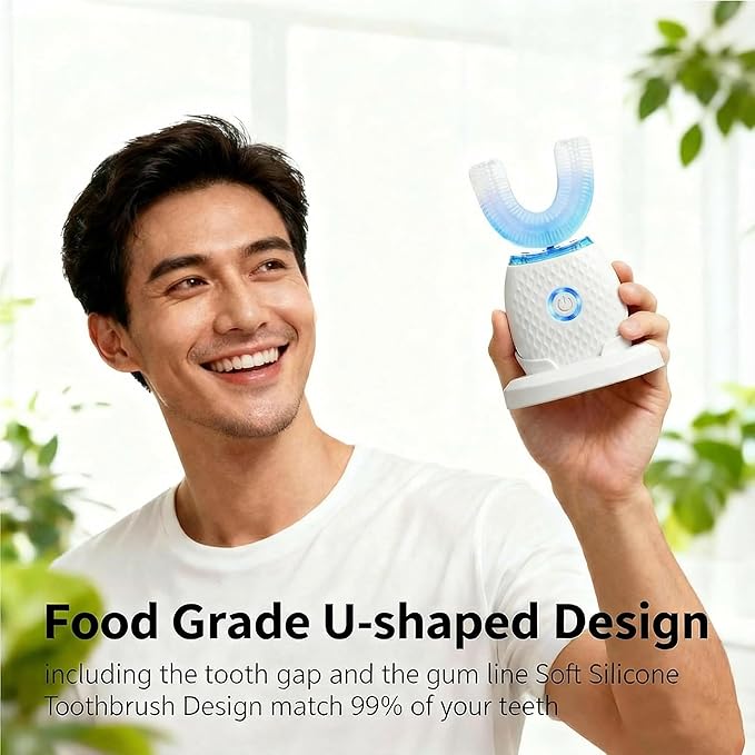 Ralexidog Smart U-Shaped Toothbrush for Adults, Automatic 360° Ultrasonic with Foam Mousse, Hands-Free, 4 Brush Heads, Blue LED Light, All-in-One Charging Base Kit (White)